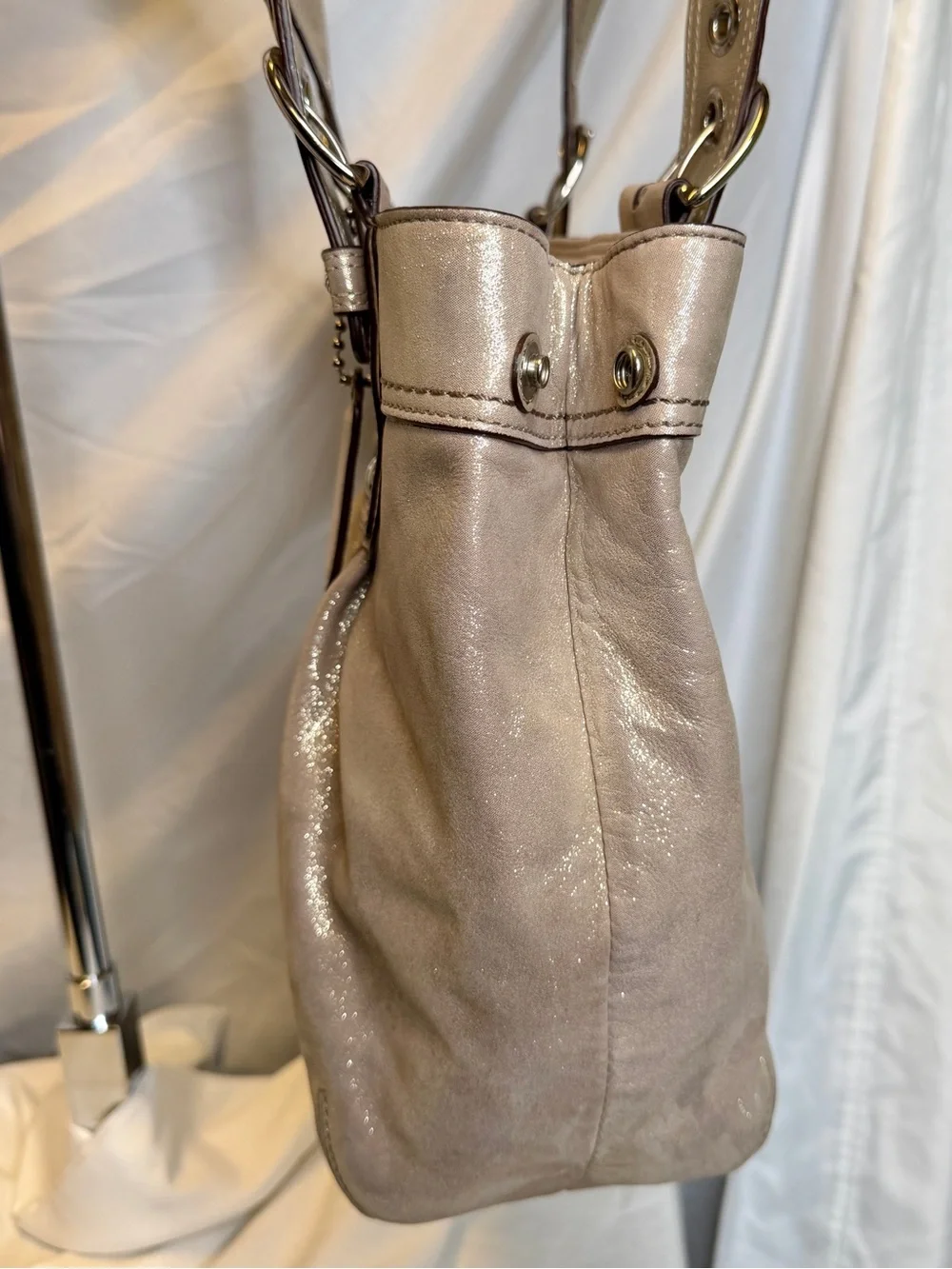 COACH SoHo Pleated Leather Metallic Champagne Silver Gold Tote Shoulder Bag
